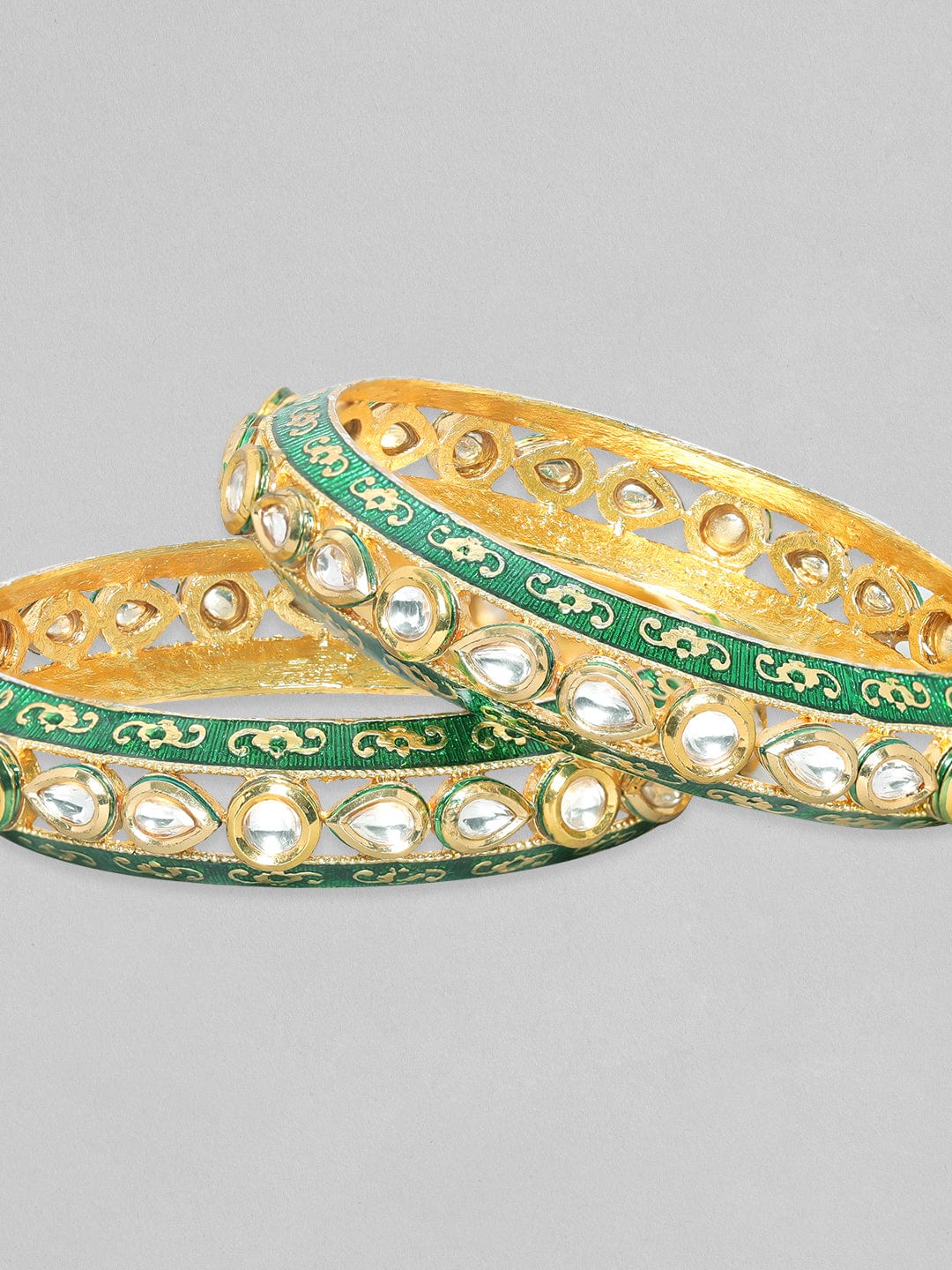 As Seen On Adah Sharma - Rubans 24K Gold Plated Kundan Studded Green Enamel Bangles Bangles & Bracelets