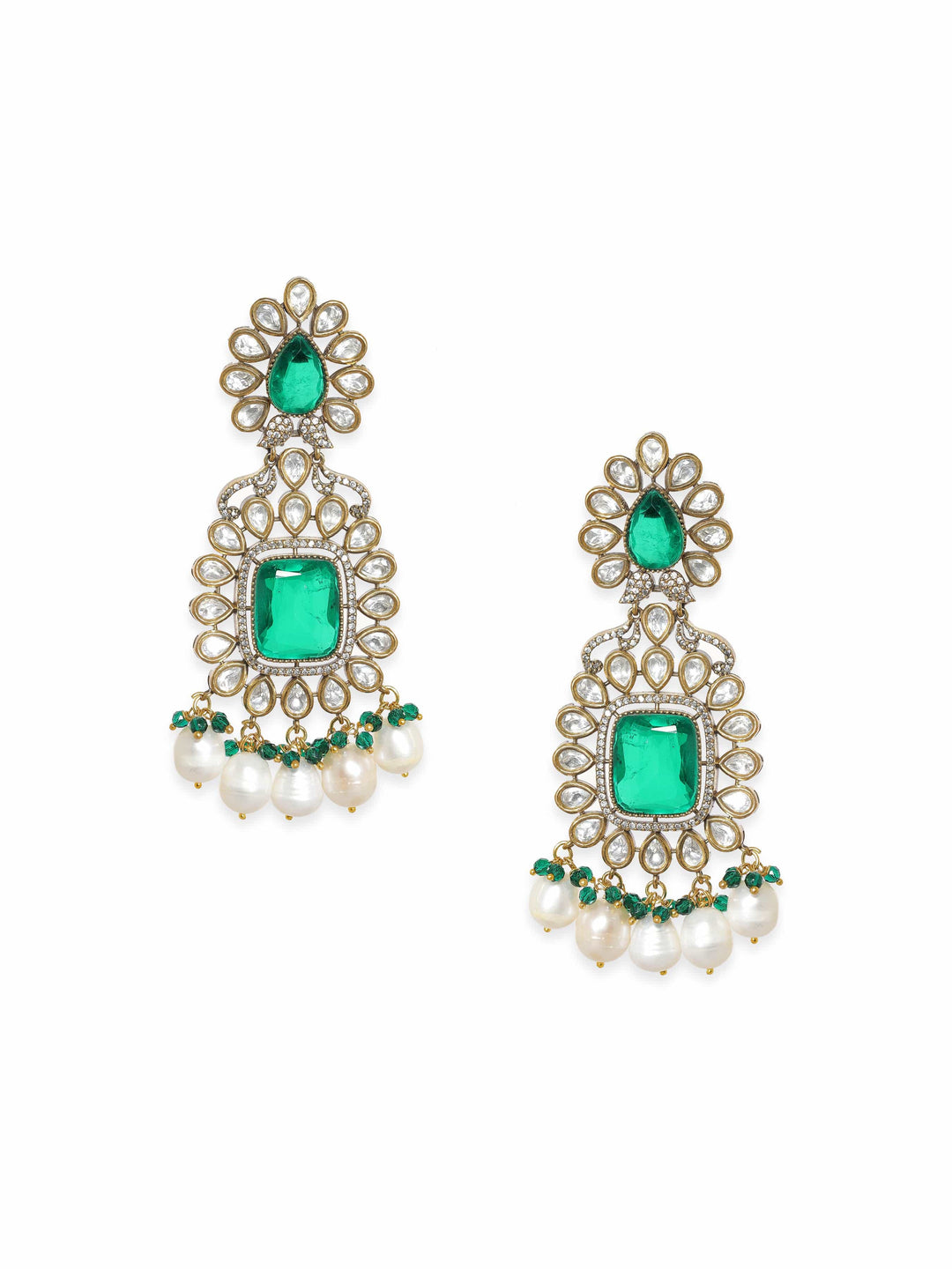 Exquisite Gold-Plated Kundan and Emerald Dangle Earrings Earrings