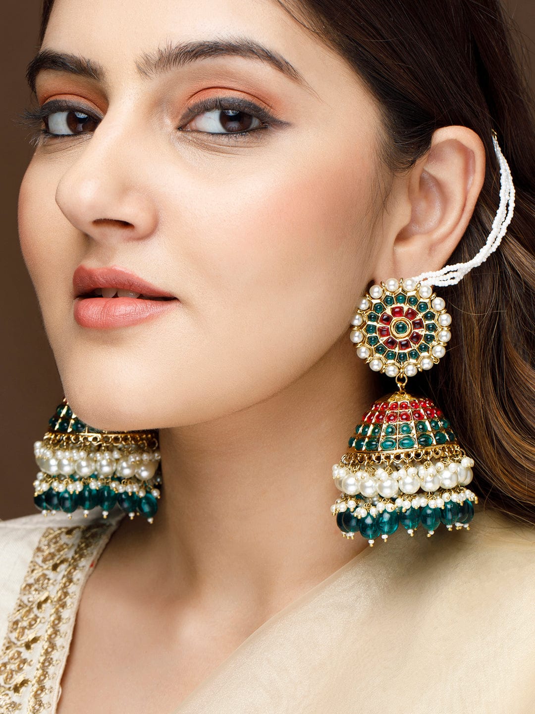 Gold-Plated Pearls Studded Enamel Assorted Jhumka Earrings Earrings