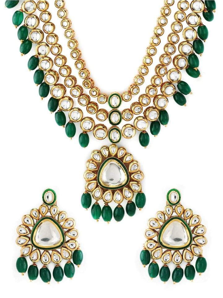 Pooja Raina in Kundan layered Necklace with Green Hangings. Necklace Set