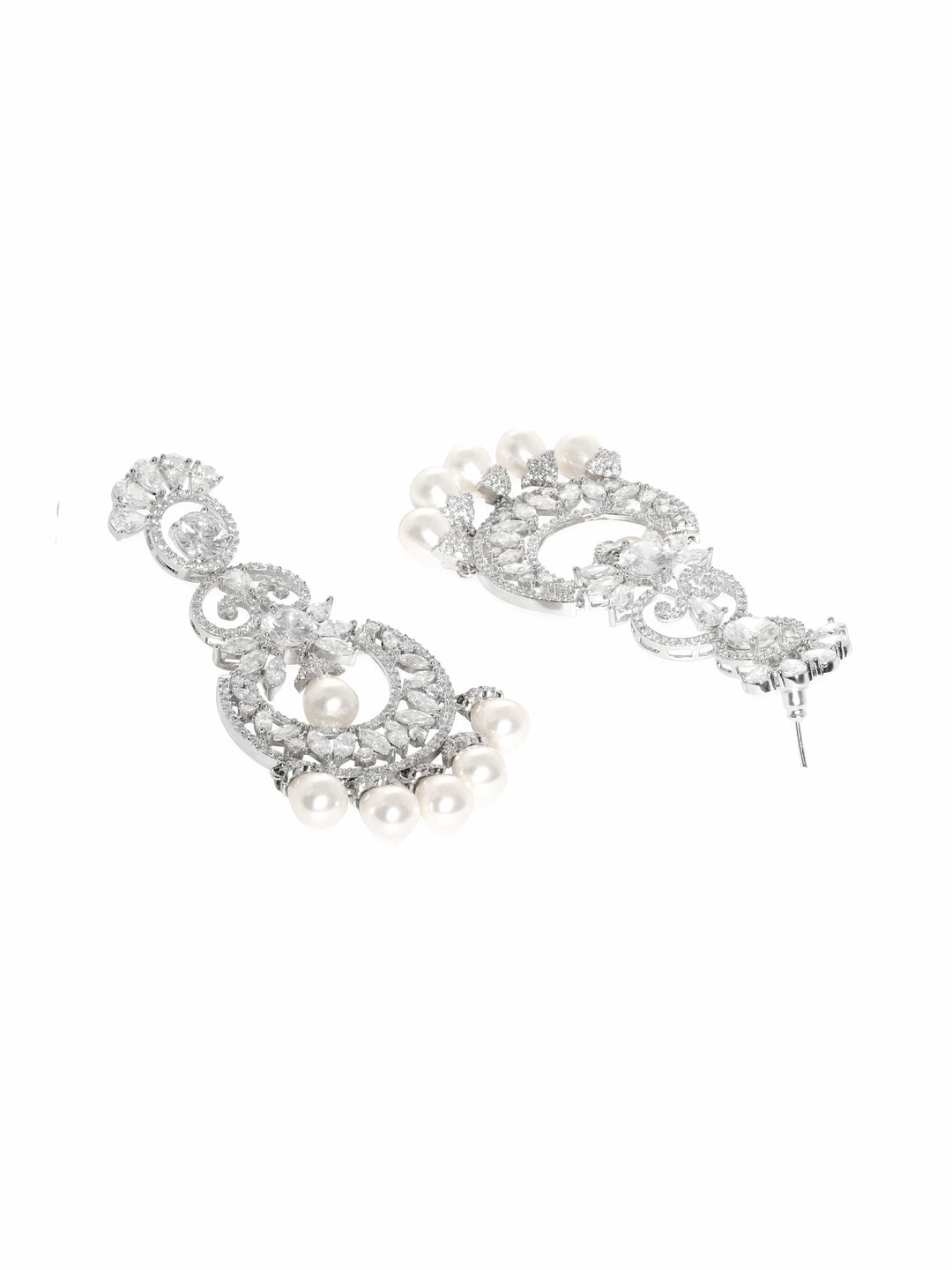 Rhodium plated Zirconia crystals studded pearl beaded chandelier earrings Earrings