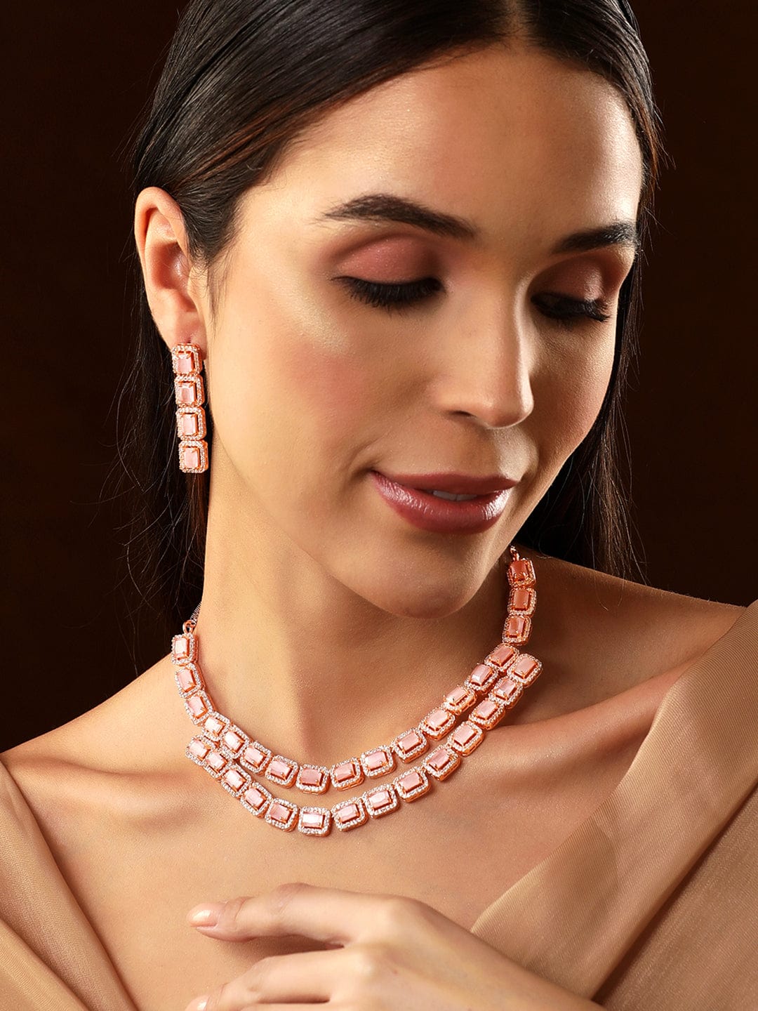 Rose Gold Pink Gemstone Studded Elegant Necklace Set Necklace Set