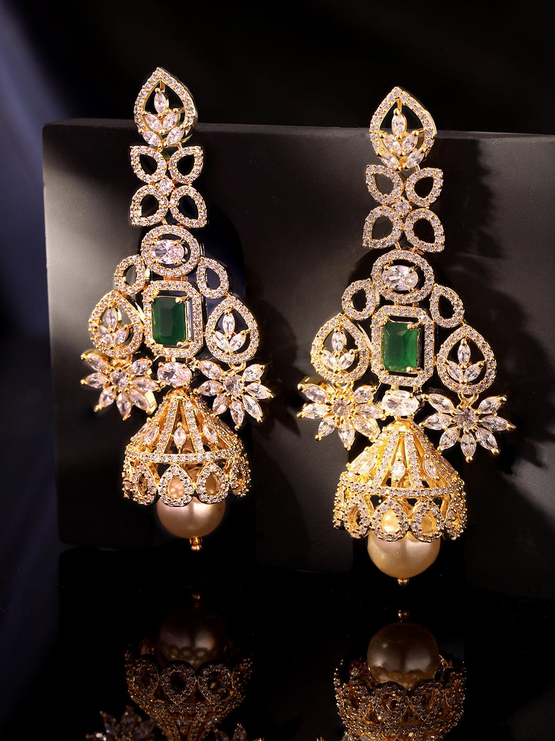 Rubans 18k Gold Plated Zirconia and Emerald studded Chandelier Earrings Earrings