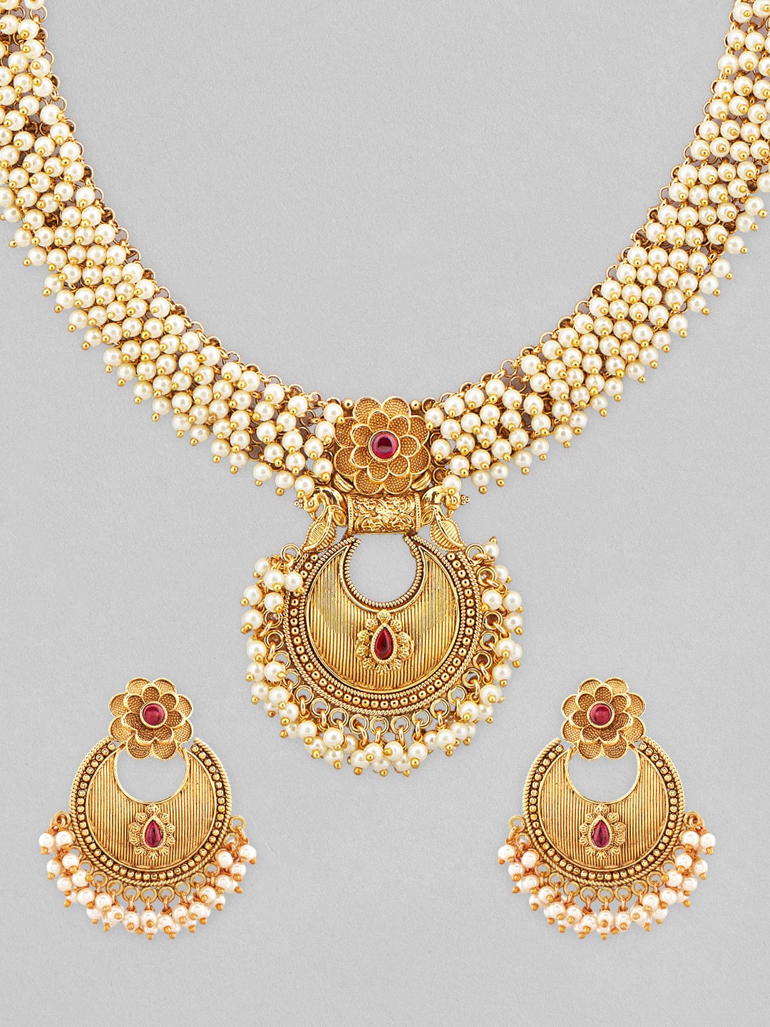 Rubans 20K Gold Plated Necklace Set With Floral Design, Pink Stone And Pearls. Necklace Set