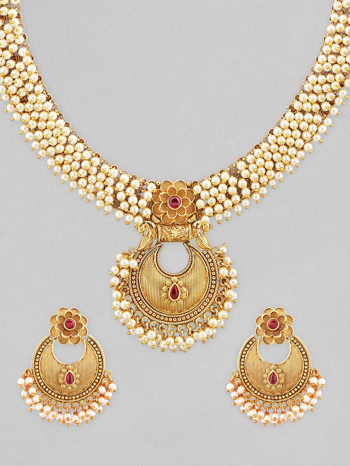 Rubans 20K Gold Plated Necklace Set With Floral Design, Pink Stone And Pearls. Necklace Set