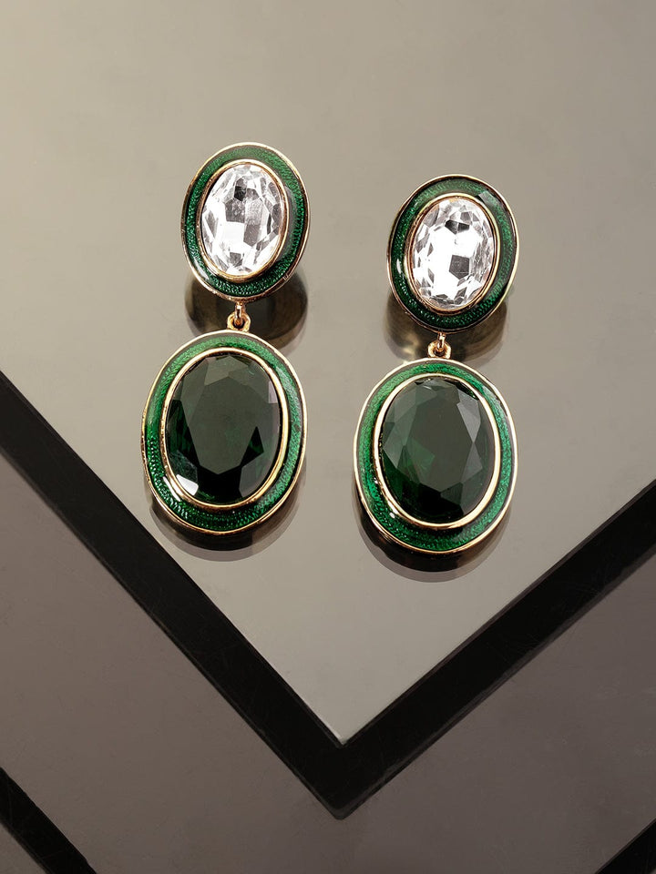 Rubans 22K Antique Gold Plated Emerald Crystal Studded Green Enamel Dangle Earring Earrings