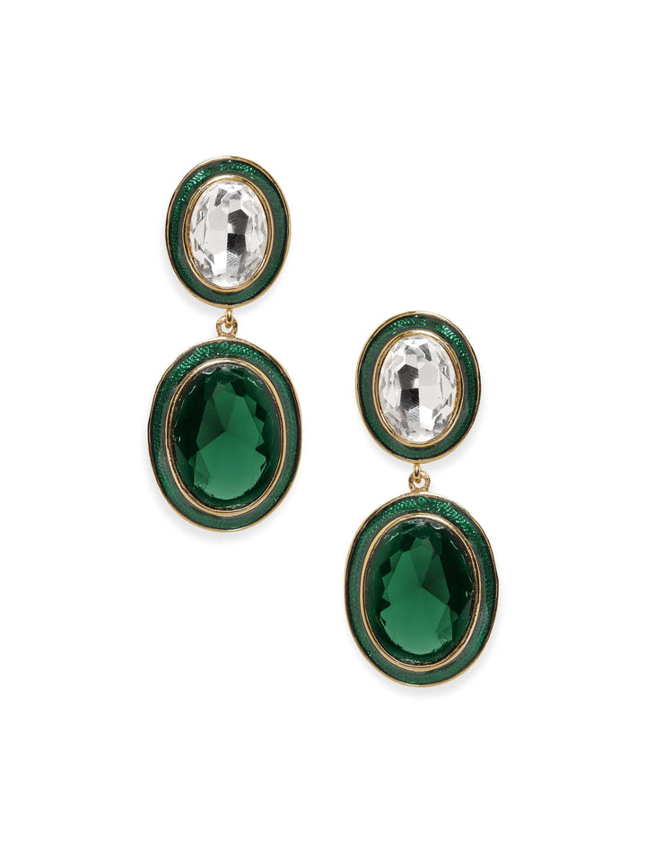 Rubans 22K Antique Gold Plated Emerald Crystal Studded Green Enamel Dangle Earring Earrings