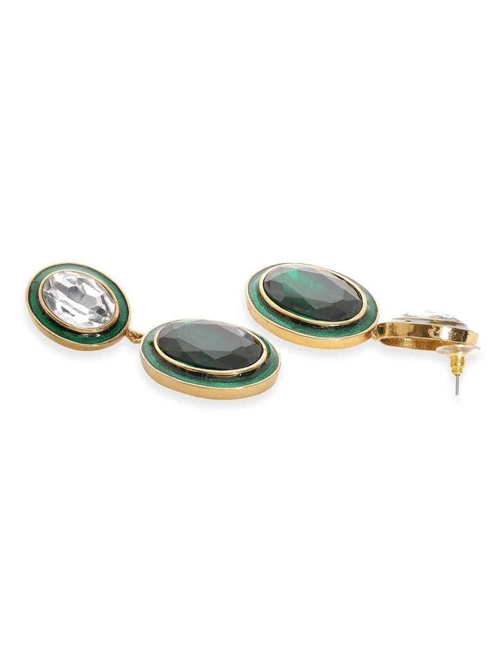 Rubans 22K Antique Gold Plated Emerald Crystal Studded Green Enamel Dangle Earring Earrings