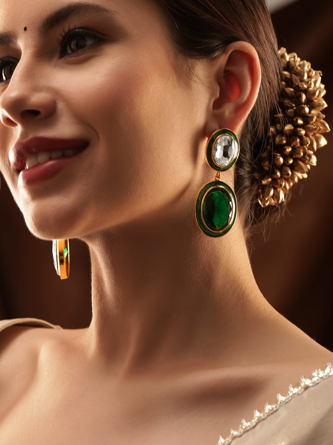 Rubans 22K Antique Gold Plated Emerald Crystal Studded Green Enamel Dangle Earring Earrings