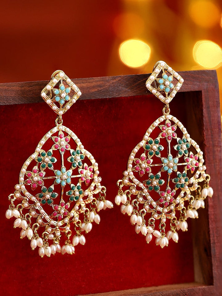 Rubans 22K Antique Gold Plated Multi Colour Pearl Studded Statement Chandbali Earrings Earrings