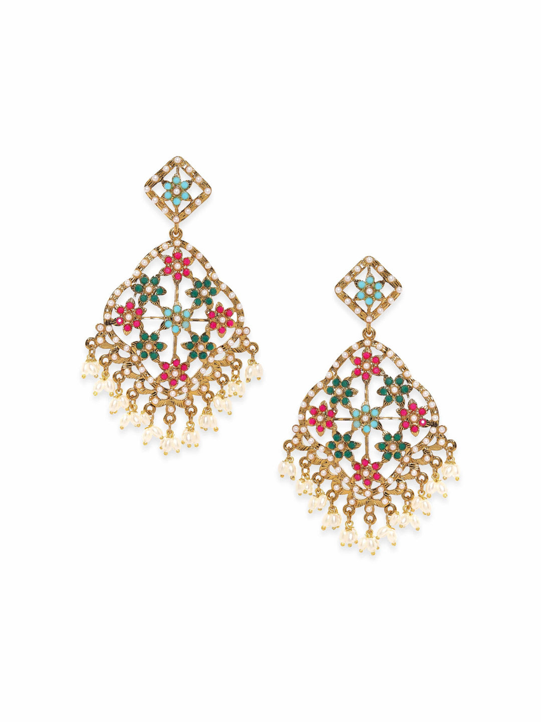 Rubans 22K Antique Gold Plated Multi Colour Pearl Studded Statement Chandbali Earrings Earrings