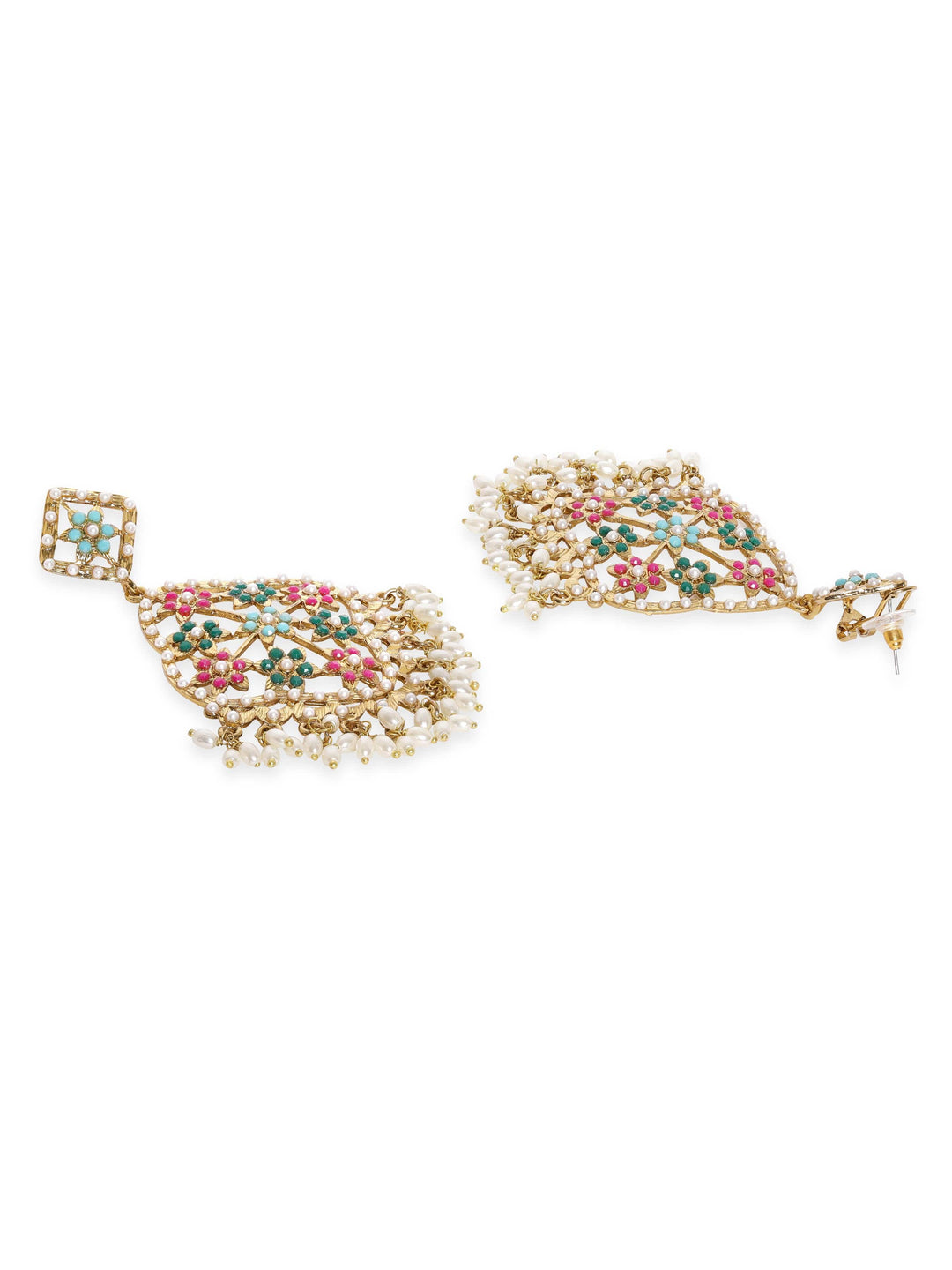 Rubans 22K Antique Gold Plated Multi Colour Pearl Studded Statement Chandbali Earrings Earrings