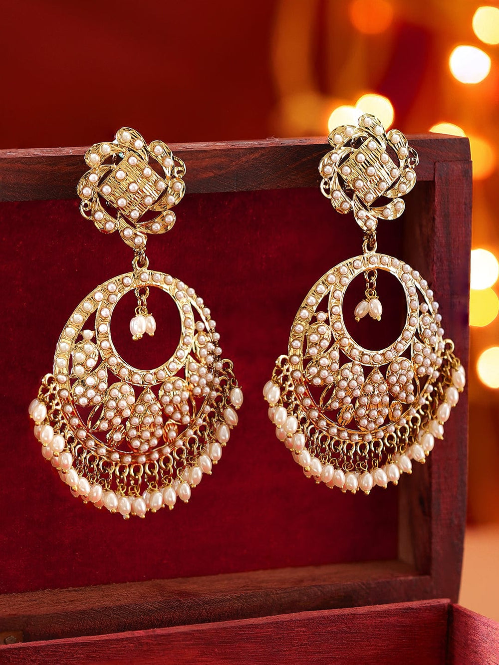 Rubans 22K Antique Gold Plated Pearl studded Statement Chandbali Earring Earrings