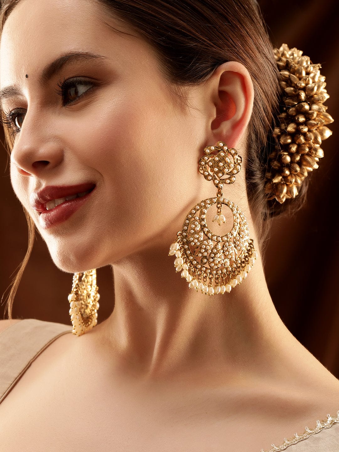 Rubans 22K Antique Gold Plated Pearl studded Statement Chandbali Earring Earrings