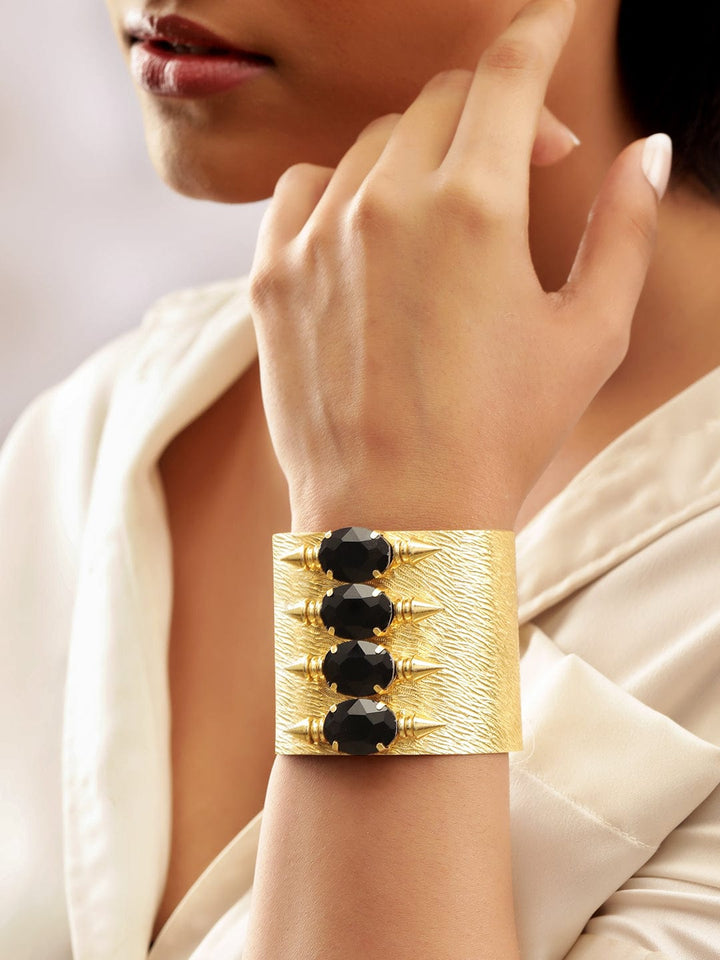 Rubans 22K Gold plated Black crystal Studded  hammered textured Statement adjustable bracelet Bangles & Bracelets