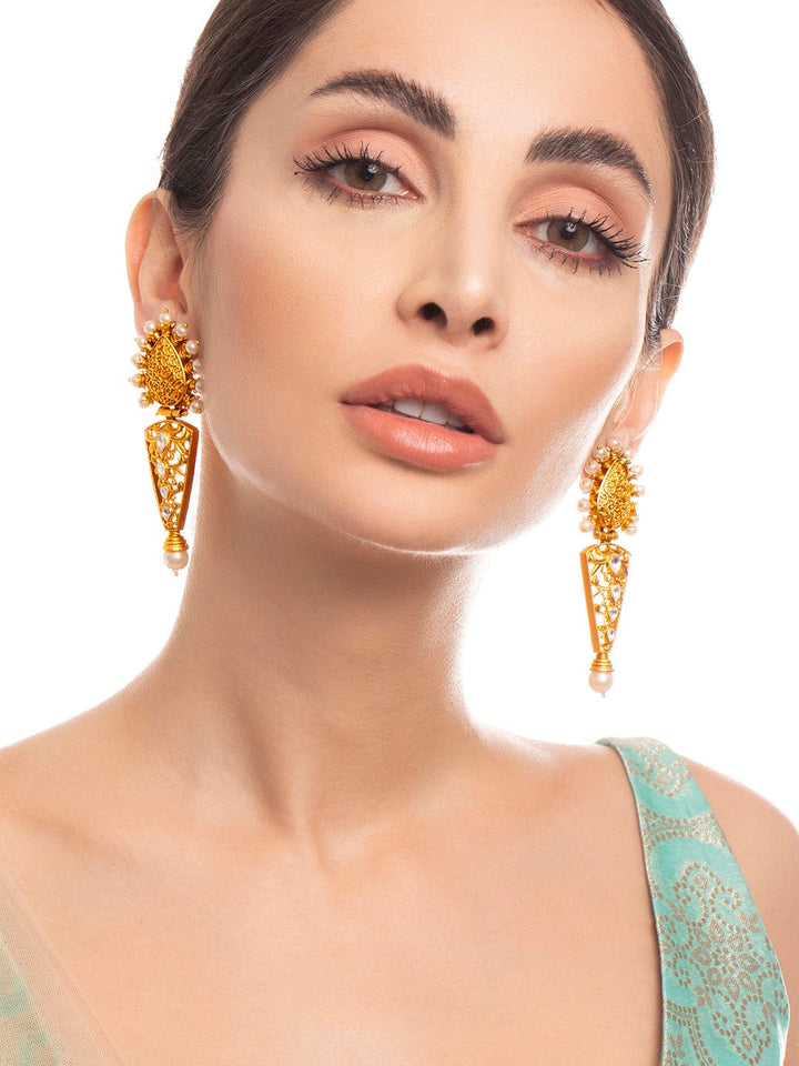 Rubans 22K Gold Plated Drop Earrings With Studded Stone And Pearls Earrings