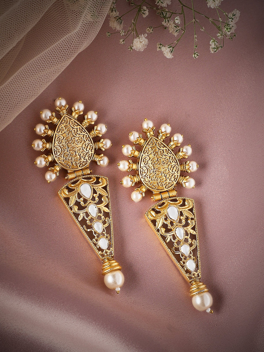 Rubans 22K Gold Plated Drop Earrings With Studded Stone And Pearls Earrings