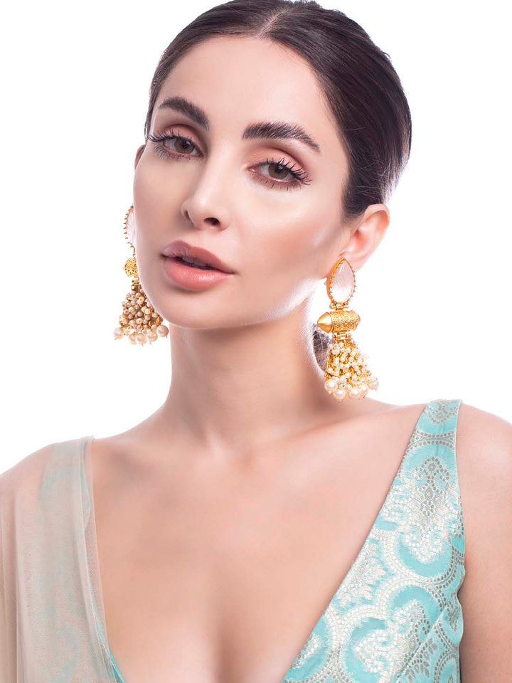 Rubans 22K Gold Plated Drop Earrings With Studded White Stone And Pearls Earrings