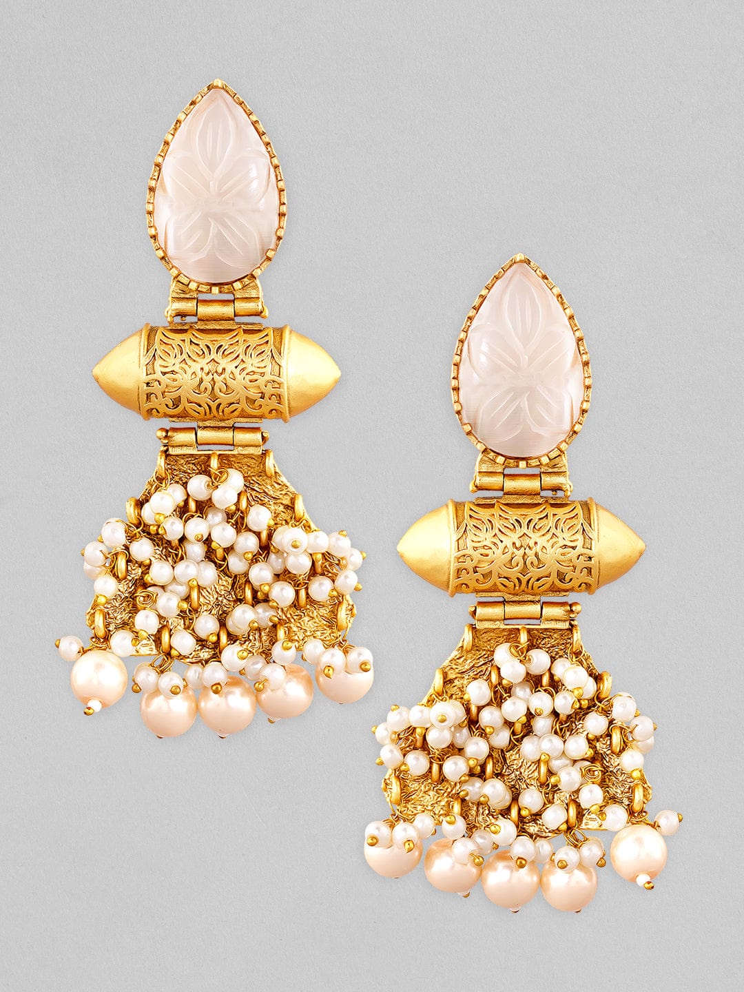 Rubans 22K Gold Plated Drop Earrings With Studded White Stone And Pearls Earrings