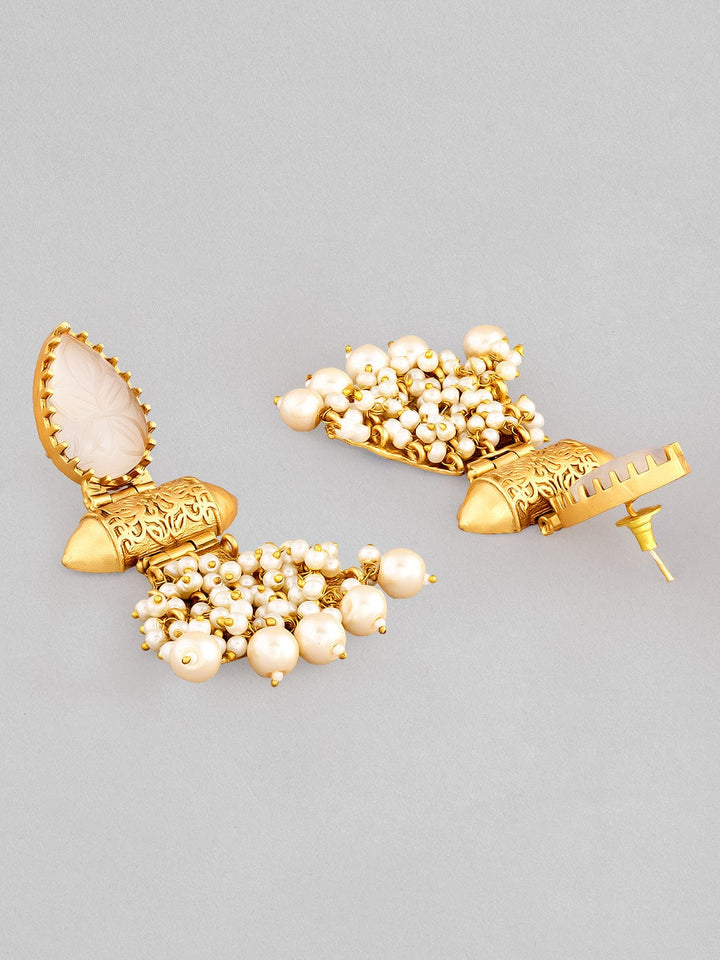 Rubans 22K Gold Plated Drop Earrings With Studded White Stone And Pearls Earrings