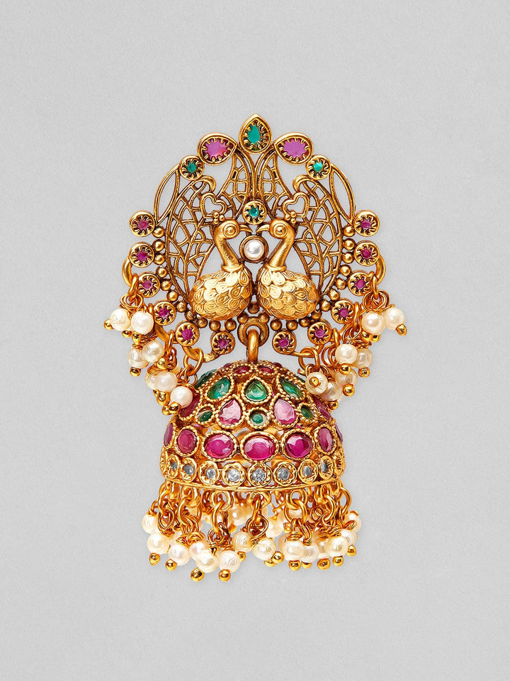 Rubans 22K Gold Plated Earrings With Peacock Design, Stone And Pearls. Earrings