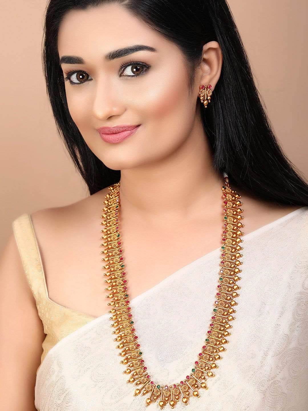 Rubans 22K Gold Plated Handcrafted Color Stone Traditional Temple Necklace Set Necklace Set