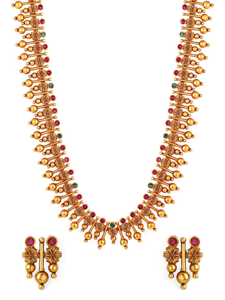 Rubans 22K Gold Plated Handcrafted Color Stone Traditional Temple Necklace Set Necklace Set