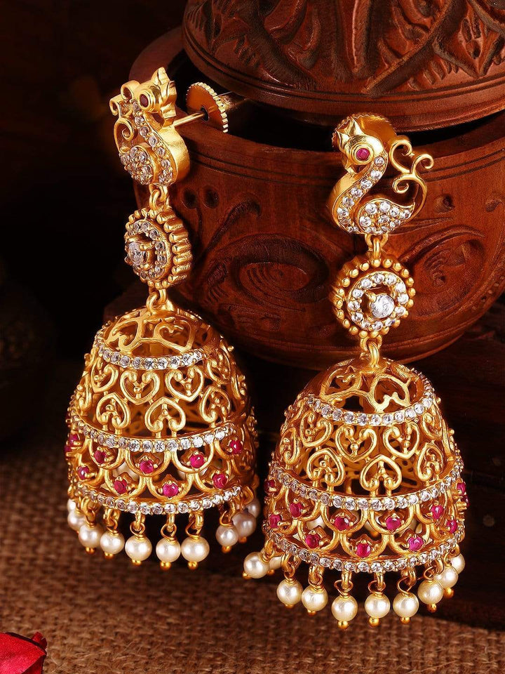 Rubans 22K Gold Plated Handcrafted Zircon Stone with Pearls Peacock Shaped Jhumka Earrings Earrings