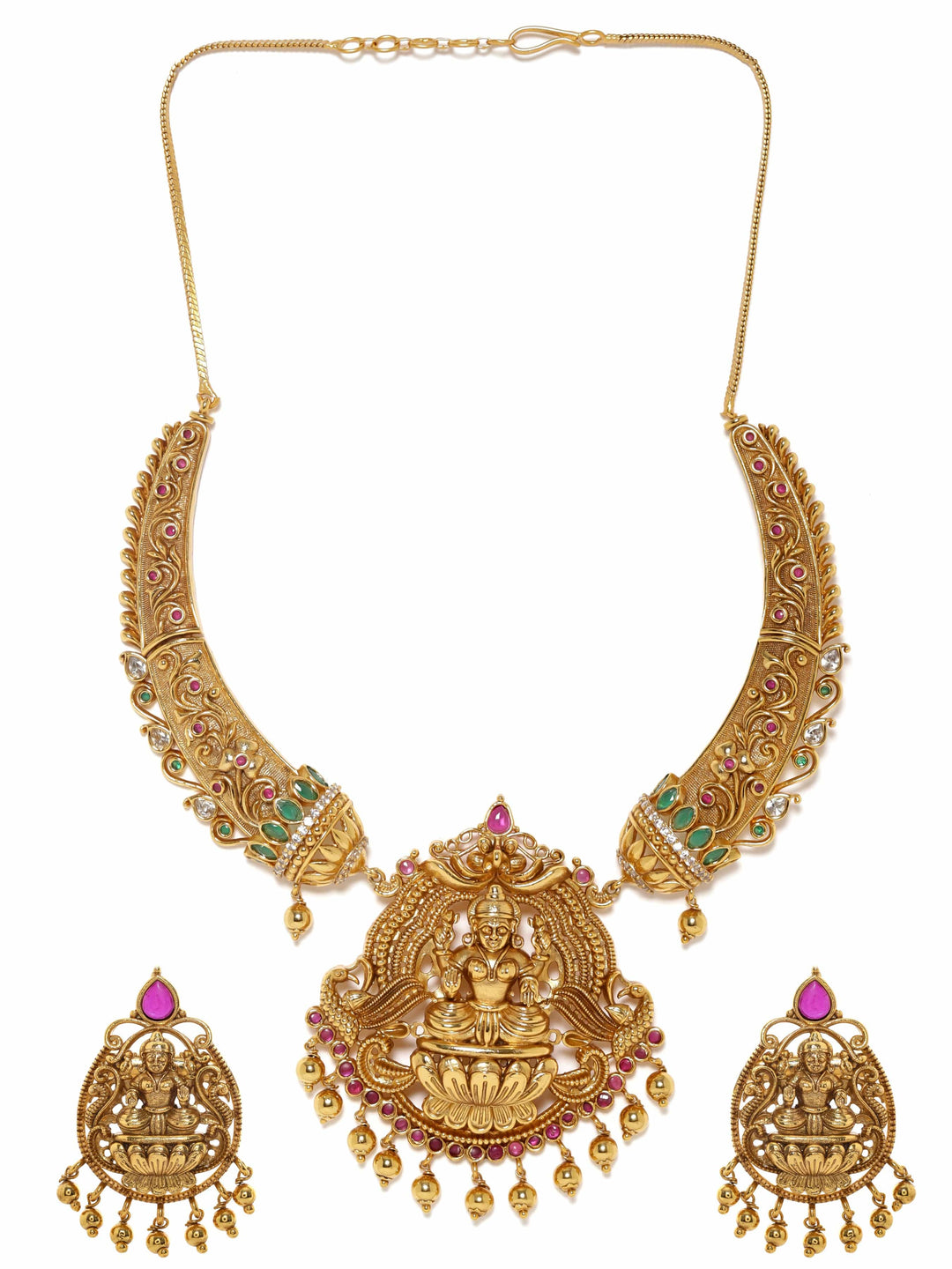 Rubans 22K Gold plated Kemp & Crystal Zirconia Studded Temple Luxury Choker Set Jewellery Sets