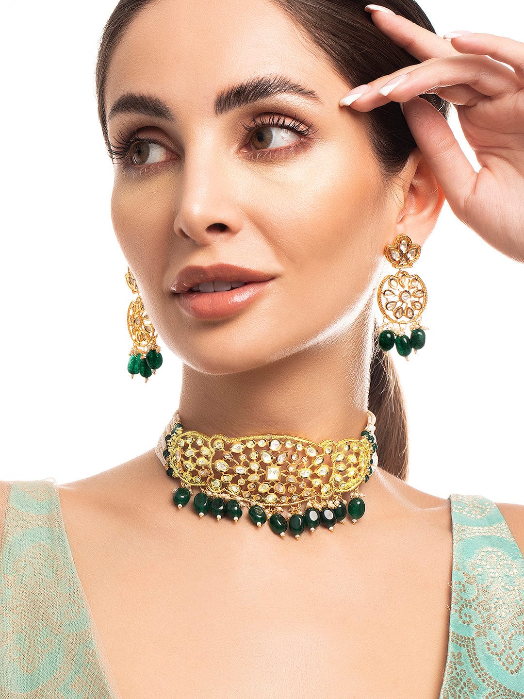 Rubans 22K Gold Plated Kundan Choker Set With Green And White Beads Necklace Set