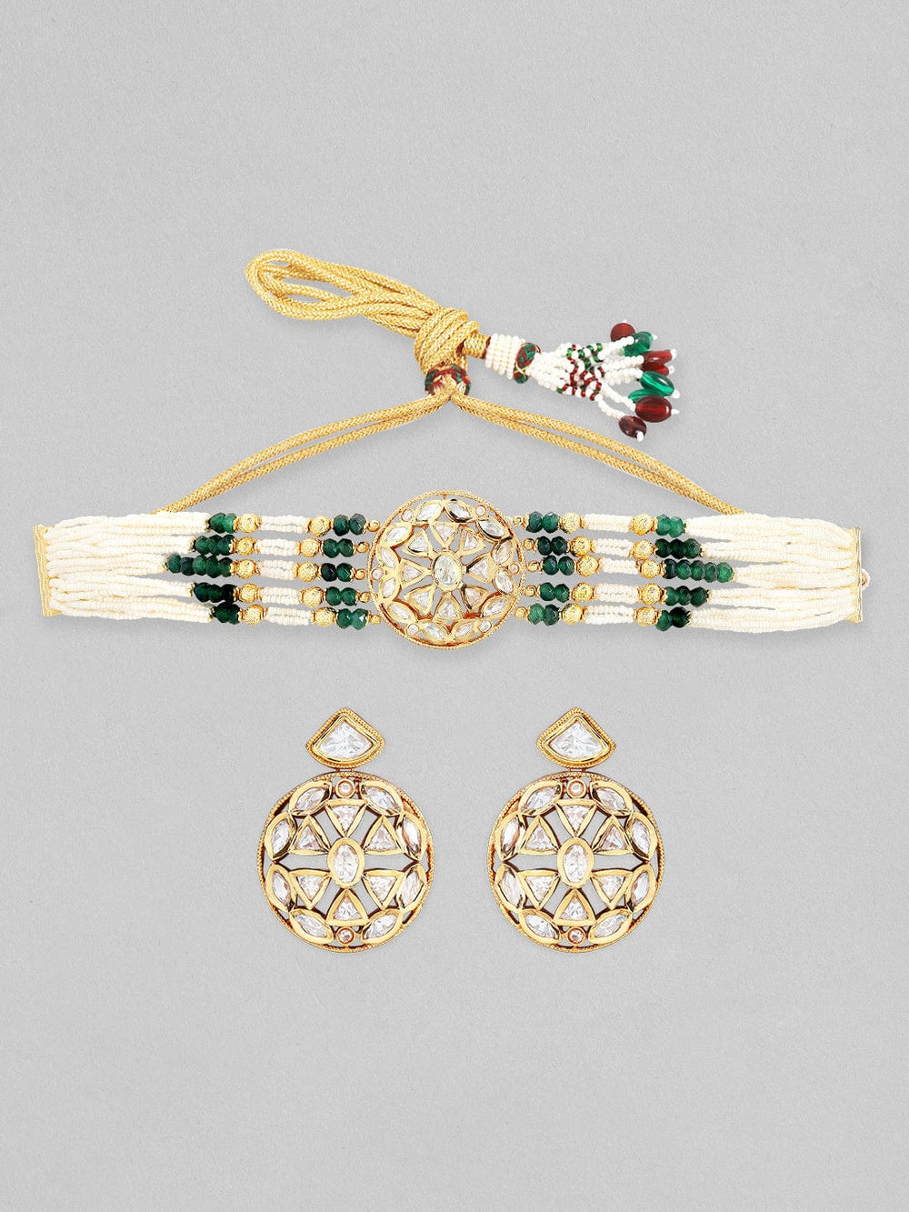 Rubans 22K Gold Plated Kundan Choker Set With Green And White Beads Necklace Set