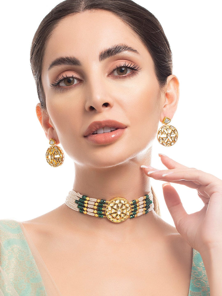 Rubans 22K Gold Plated Kundan Choker Set With Green And White Beads Necklace Set