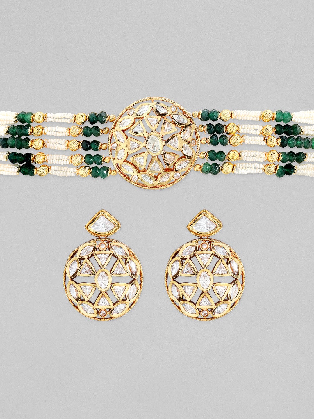 Rubans 22K Gold Plated Kundan Choker Set With Green And White Beads Necklace Set