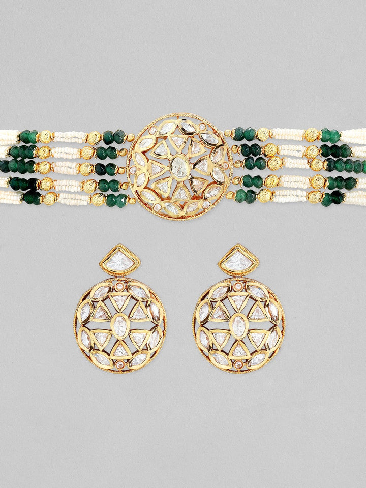 Rubans 22K Gold Plated Kundan Choker Set With Green And White Beads Necklace Set