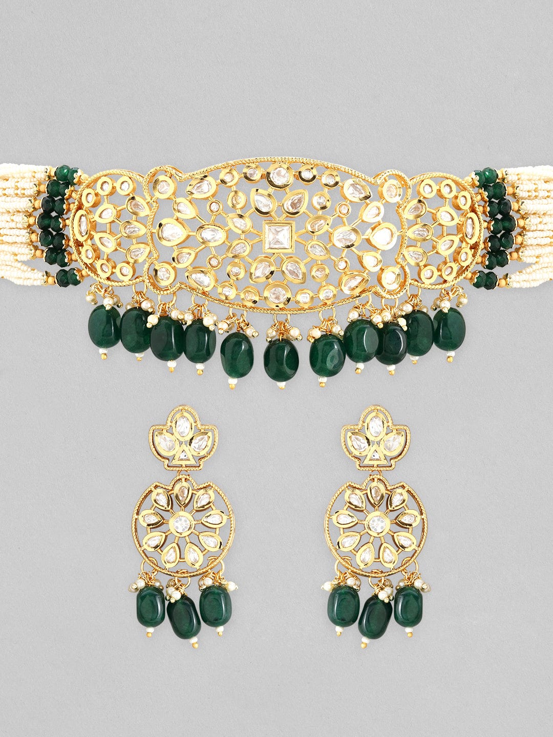 Rubans 22K Gold Plated Kundan Choker Set With Green And White Beads Necklace Set