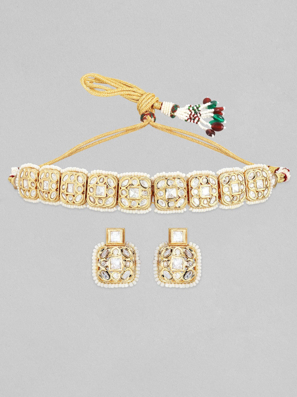 Rubans 22K Gold Plated Kundan Choker Set With White Beads Necklace Set