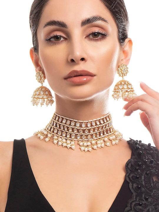 Rubans 22K Gold Plated kundan Necklace Set With Pearls Necklaces, Necklace Sets, Chains & Mangalsutra