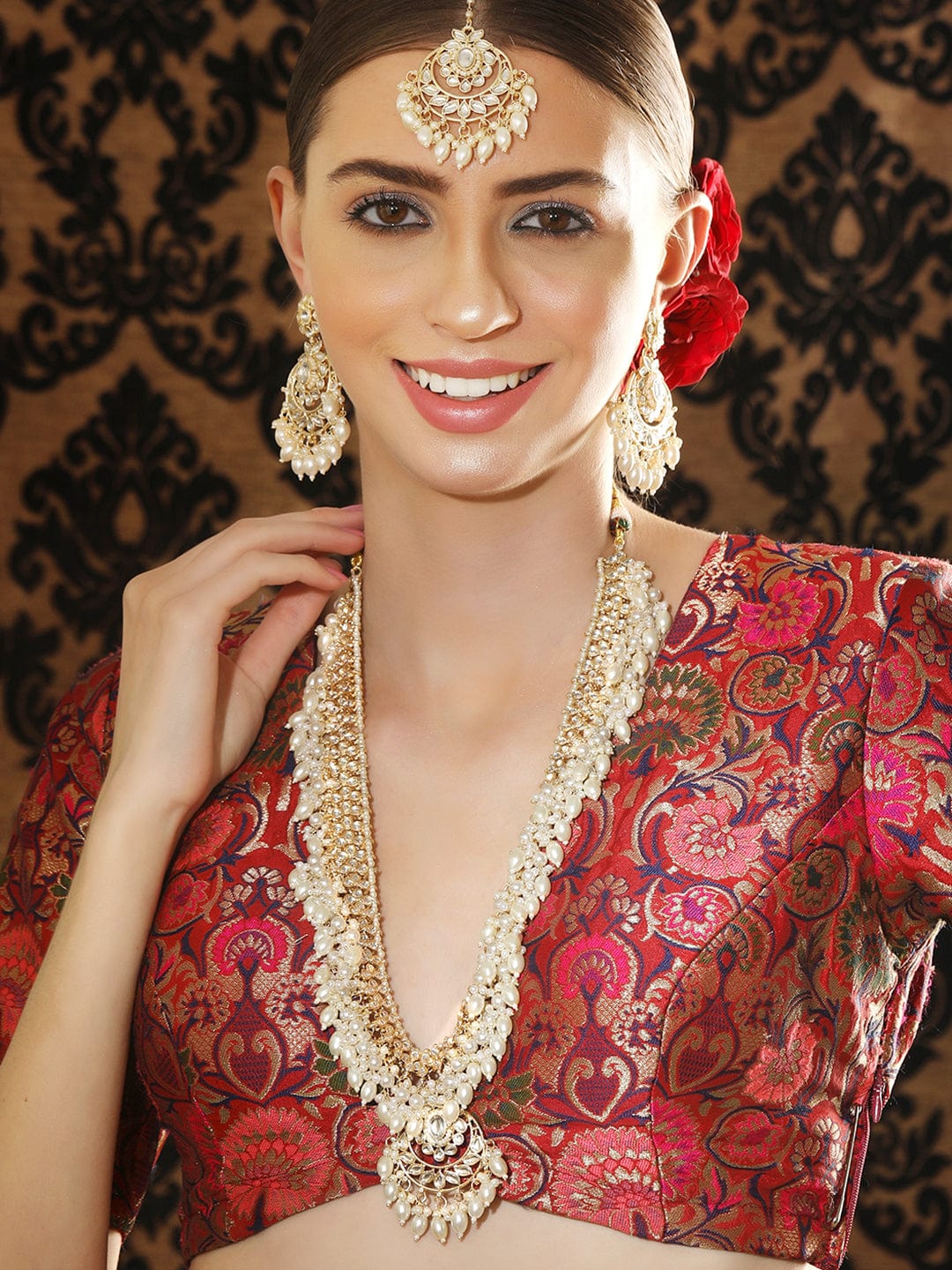 Rubans 22K Gold Plated Kundan Studded Pearl Necklace & Earring Jewellery Set. Necklace Set