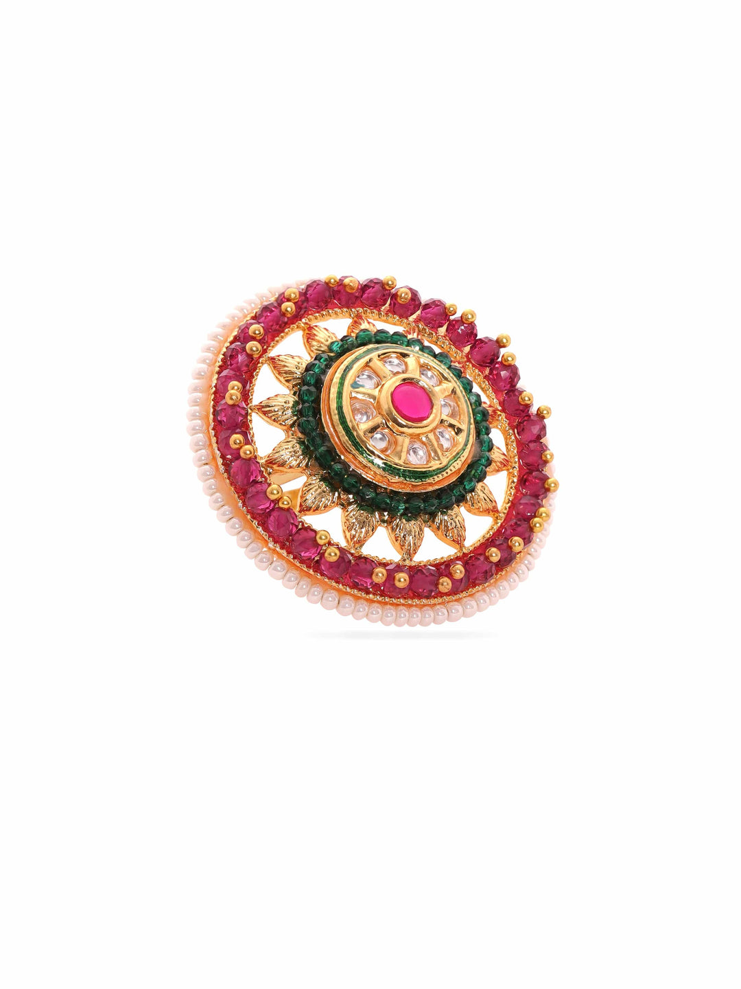 Rubans 22K Gold Plated Kundan Studded Red & Green Crystal with Pearl beaded Handcrafted Adjustable Ring Rings