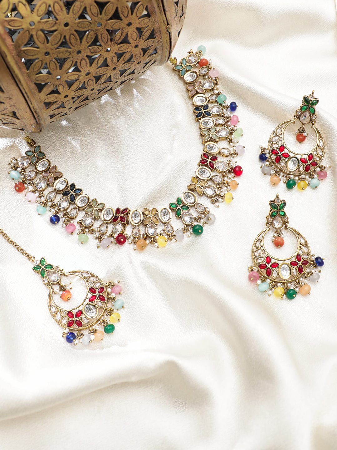 Rubans 22K Gold plated Multicolour beaded Polki studded  necklace set Jewellery Sets