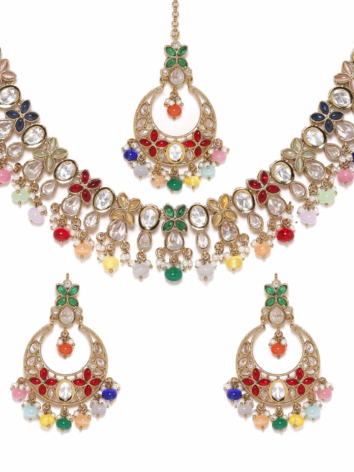 Rubans 22K Gold plated Multicolour beaded Polki studded  necklace set Jewellery Sets