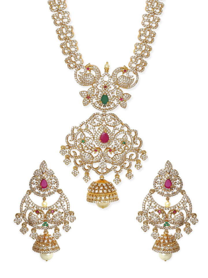 Rubans 22K Gold-Plated Peacock Motif Kemp & Zirconia Crystal Studded Handcrafted Necklace Set Jewellery Sets