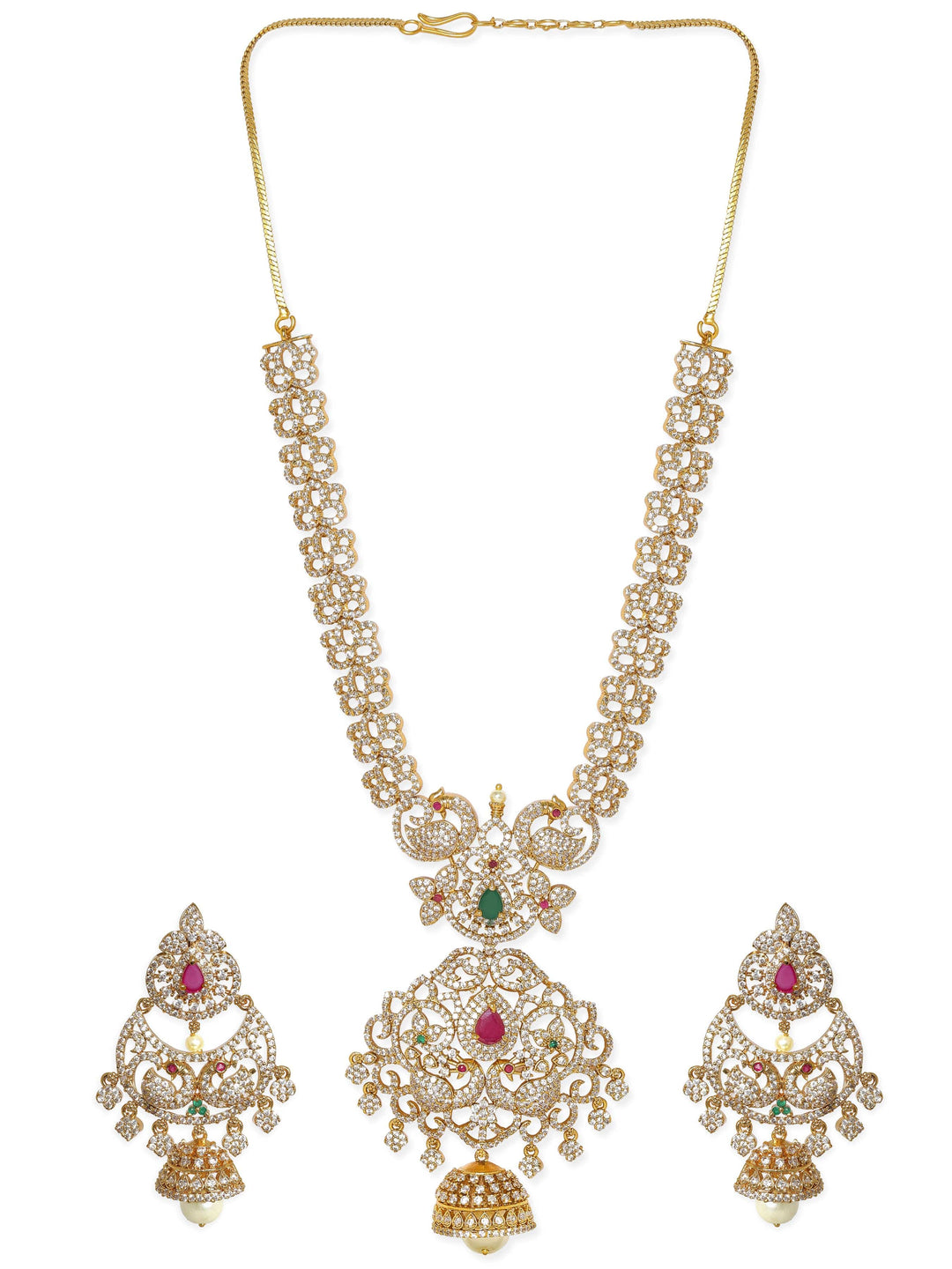 Rubans 22K Gold-Plated Peacock Motif Kemp & Zirconia Crystal Studded Handcrafted Necklace Set Jewellery Sets