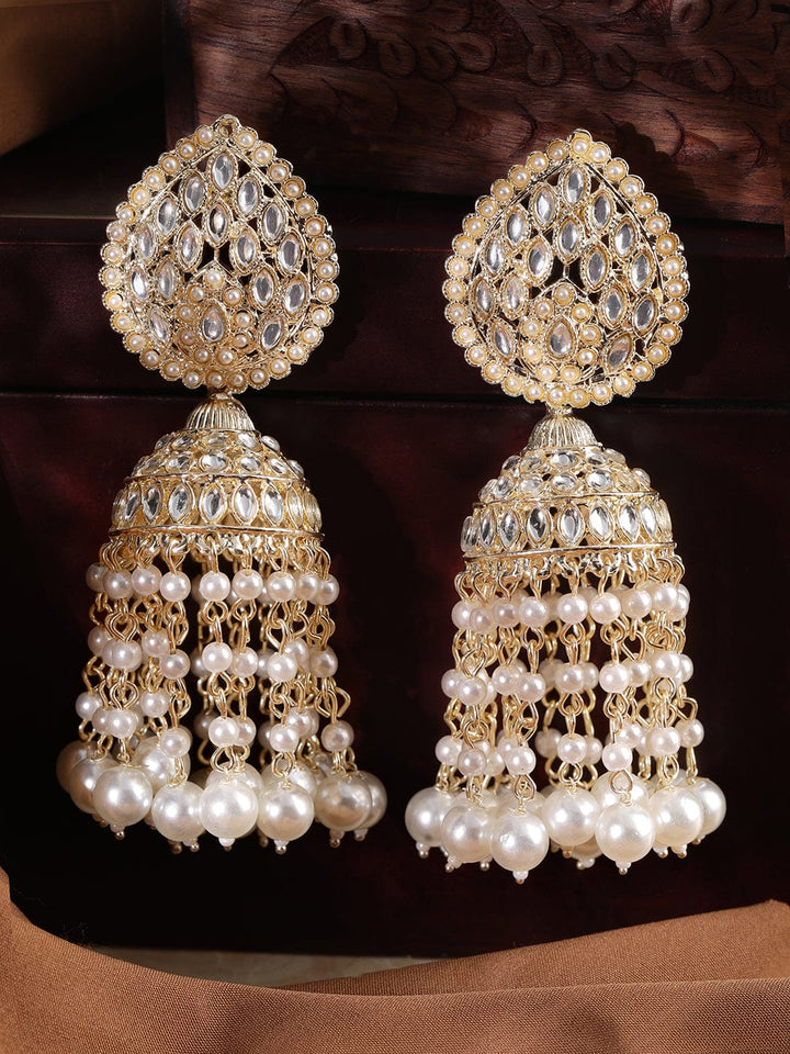 Rubans 22K Gold Plated Pearl Beaded Kundan Jhumka Earring Earrings