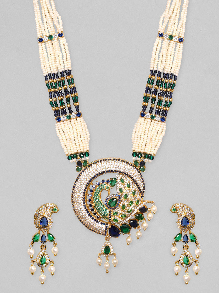 Rubans 22K Gold-Plated Pearl & CZ-Studded Peacock Jewellery Set Earrings