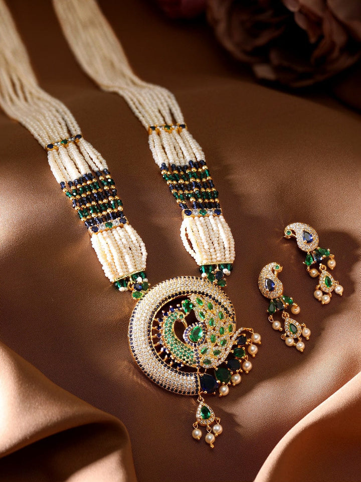 Rubans 22K Gold-Plated Pearl & CZ-Studded Peacock Jewellery Set Earrings