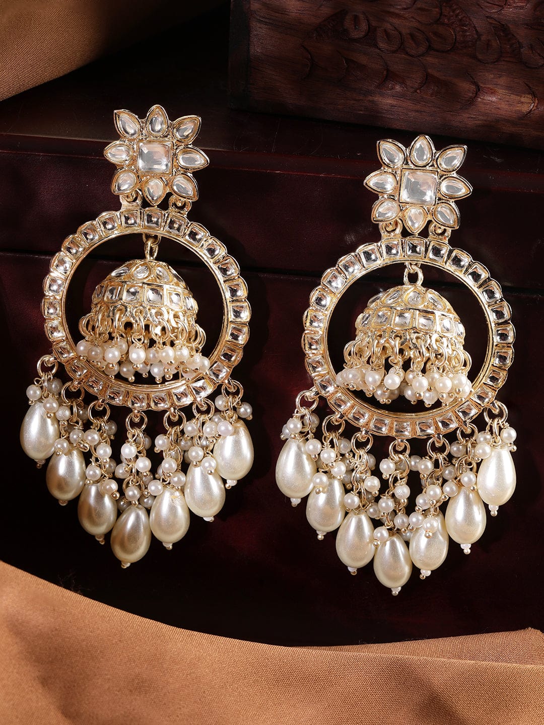 Rubans 22K Gold Plated Pearl Dangle Kundan Statement Jhumka Earrings Earrings