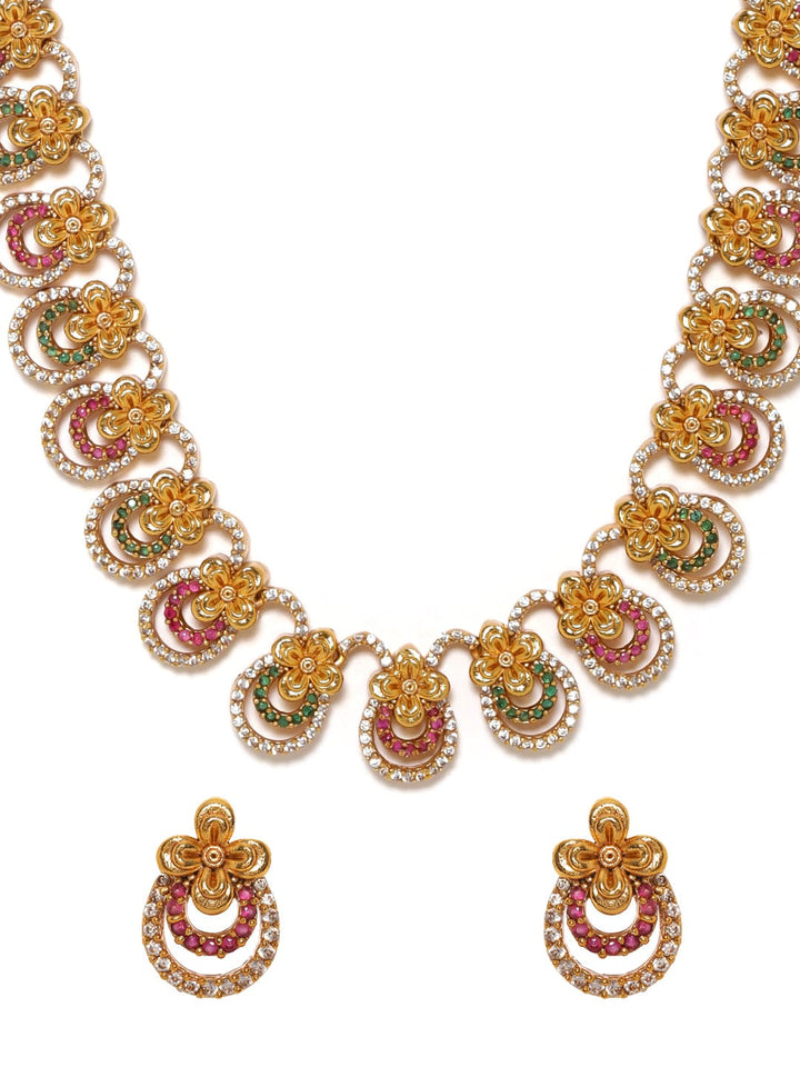 Rubans 22K Gold plated Red & Green Crystal zirconia Luxury Necklace Set Jewellery Sets