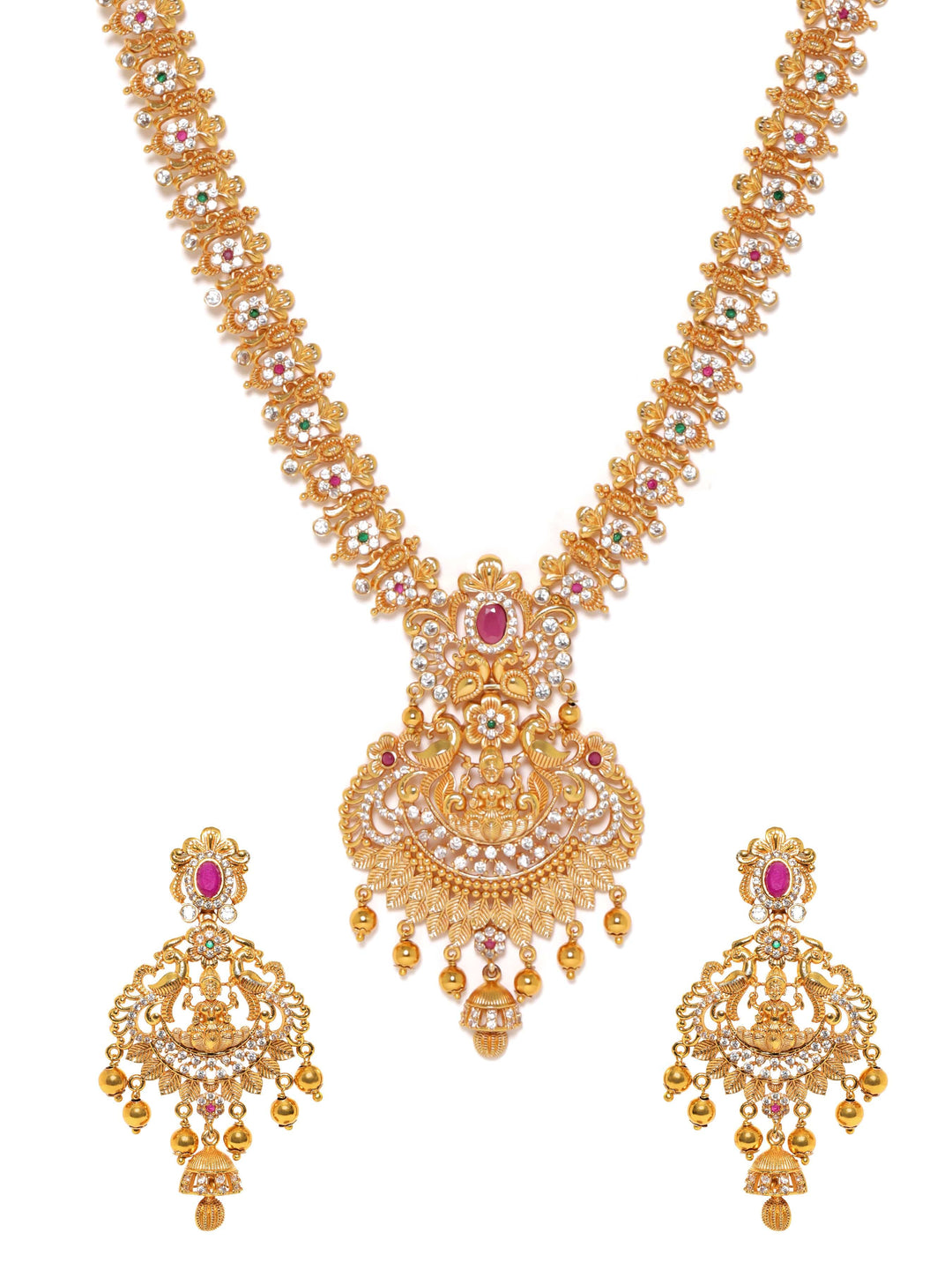 Rubans 22K Gold Plated Red Kemp Stone studded Handcrafted Floral Temple Long Necklace Set Jewellery Sets