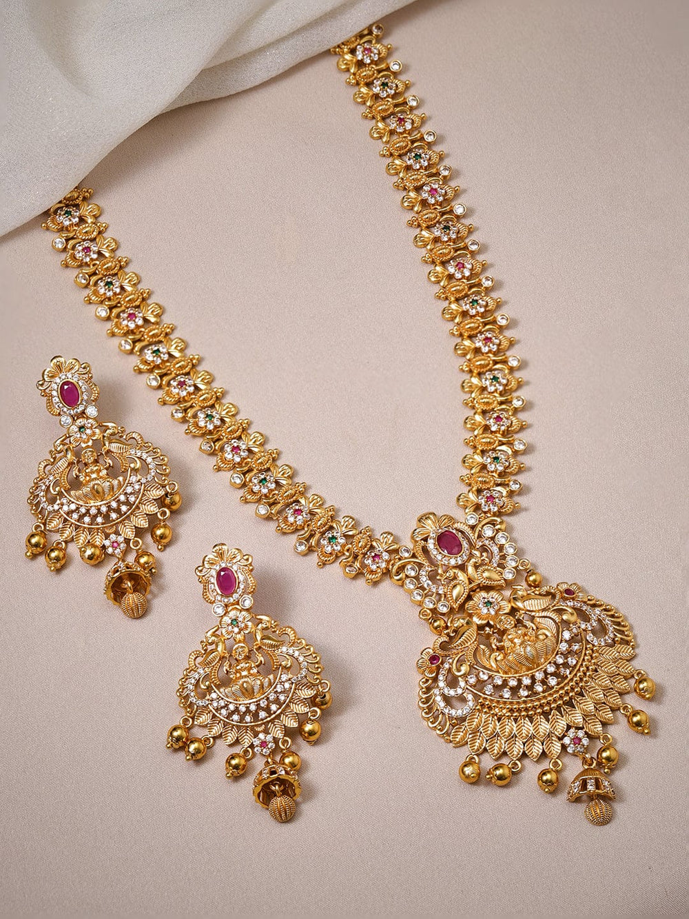 Rubans 22K Gold Plated Red Kemp Stone studded Handcrafted Floral Temple Long Necklace Set Jewellery Sets